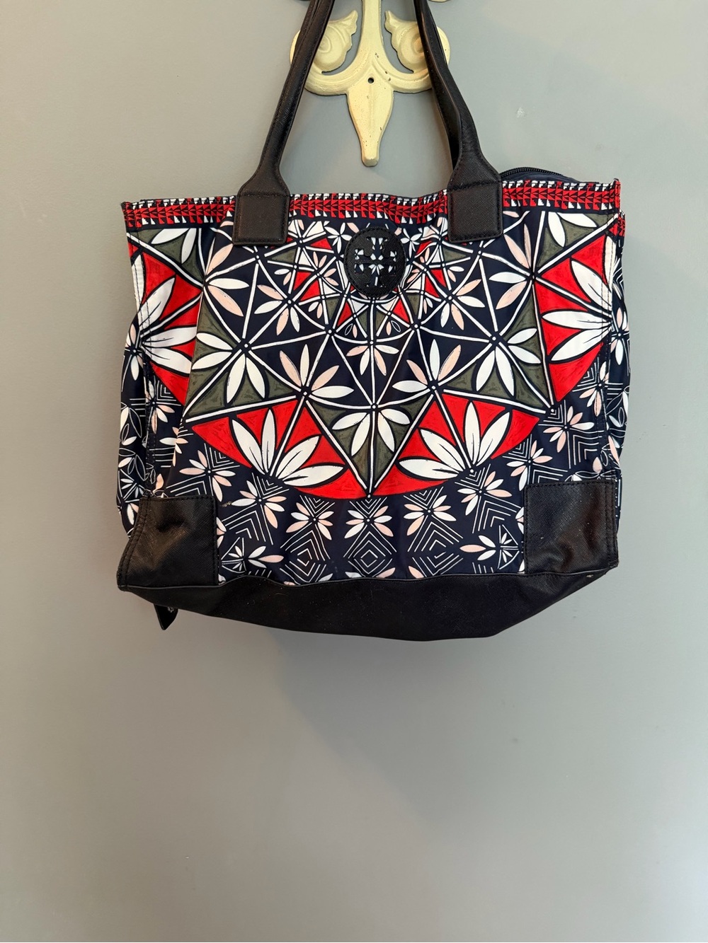 Tory Burch Navy, Red and White Geometric Floral Tote Kerrington Printed Design
